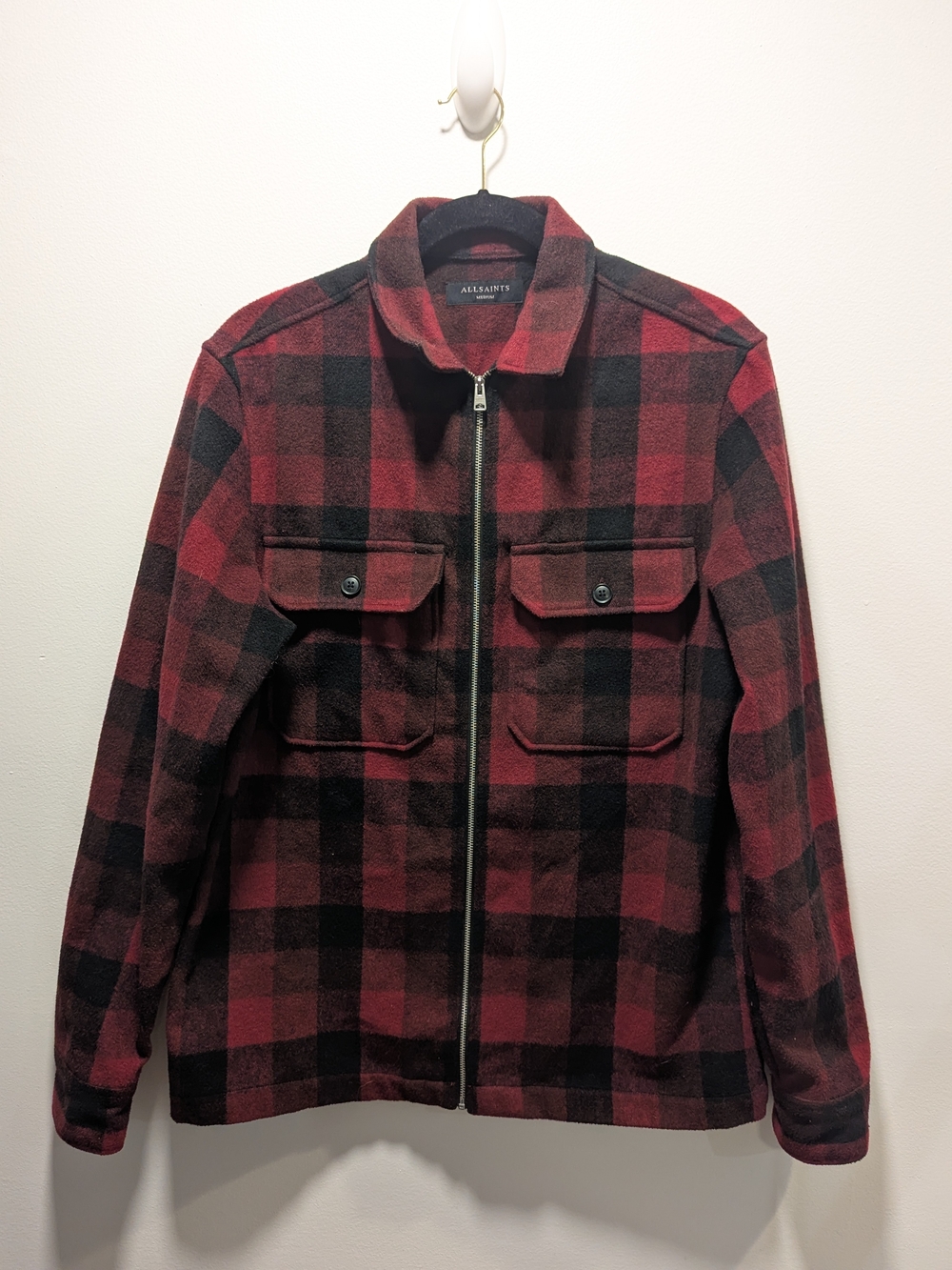 All Saints Men's Medora Red Black Checked Full Zip Shirt Jacket Medium Shacket